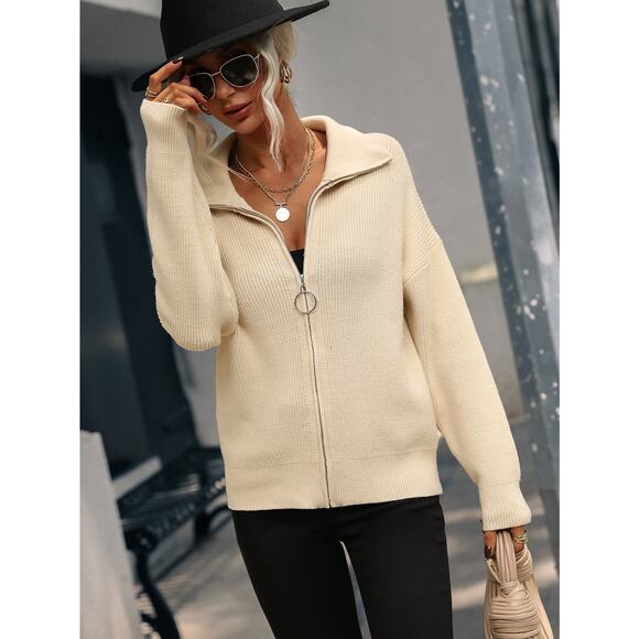 Graceful Rib-Knit Zip Up Collared Cardigan - Picture 1 of 5